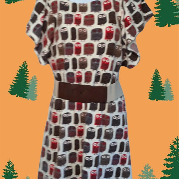 OB2-12 Tops - OWL boho dress or top • Large Jrs cream & brown bird OB2-12